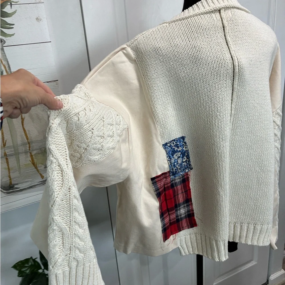 POL Cream V-Neck Sweater with Lace and Denim Accents - Picture 6 of 6